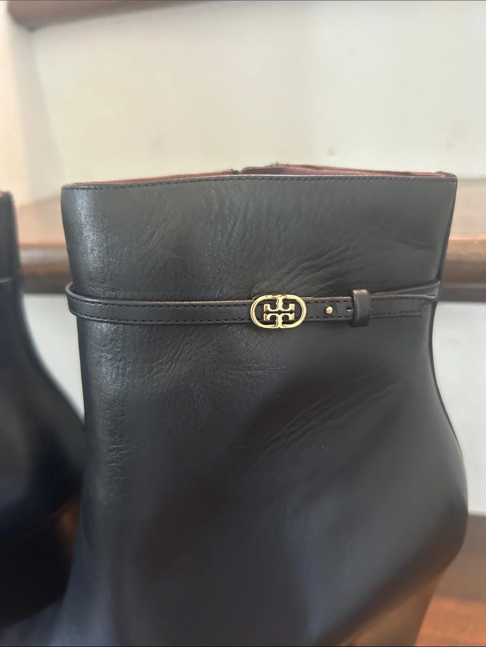 Tory Burch Dark Brown Leather Wedge Ankle Boots with Gold Logo